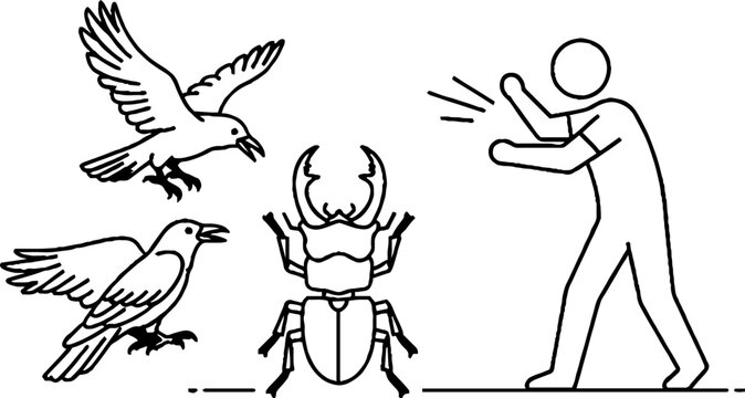 Man defending himself from crows and large stag beetle