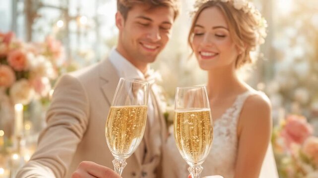 Newlywed bride and groom toast with champagne flutes during a romantic wedding reception. Happy couple celebrates marriage and love with sparkling drinks. Elegant ceremony with floral decor and joy.