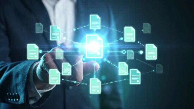 Document management system with businessman touching virtual interface. Digital paperless office workflow automation, electronic data archive storage and online file sharing network for modern