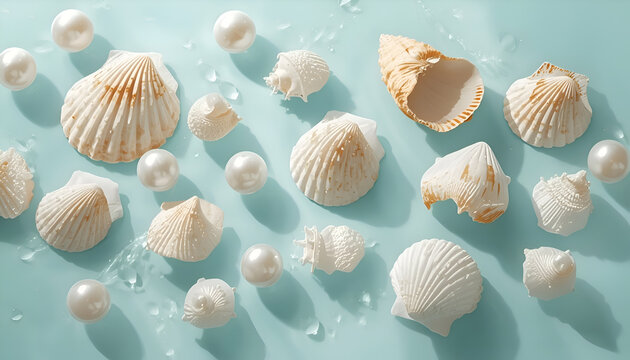 Beautiful Seashells and White Pearls Pattern Layout with Water Drops on Pastel Light Blue Background