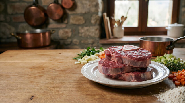 Raw osso buco veal shanks and vibrant fresh chopped vegetables on a rustic kitchen counter, ready for a comforting slow-cooked traditional family meal