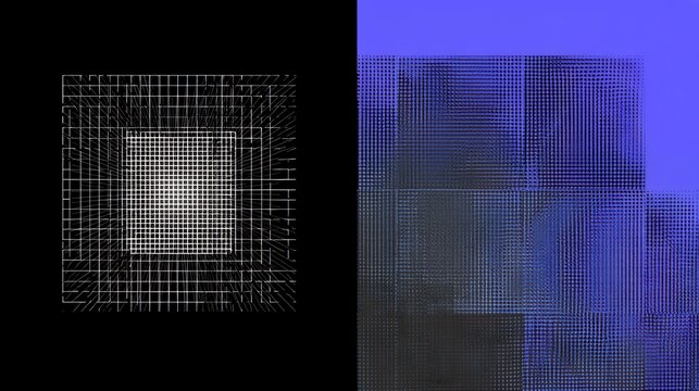 Split abstract background with white 3d wireframe cube on black and blue halftone pixel grid texture on purple