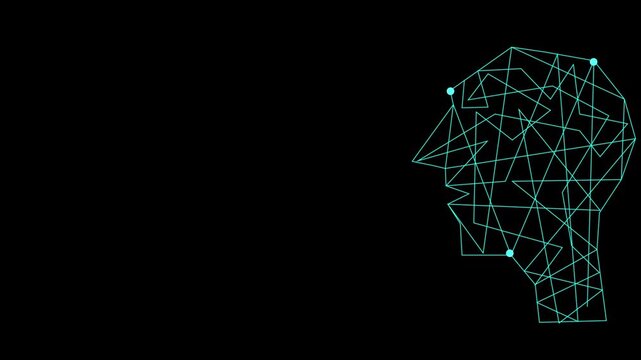 A digital humanoid face with circuitry dots animated flat black vector background for technology ads projects