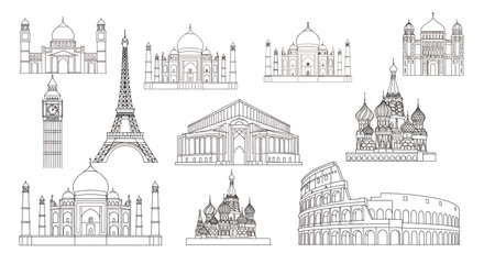 Fototapeta premium A Sketch Collection of Iconic Global Landmarks: Big Ben, Tower Bridge, Eiffel Tower, Taj Mahal, Colosseum and More.