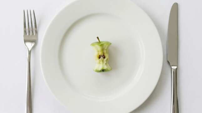 A small green apple core sits on a white plate with a fork and knife on either side