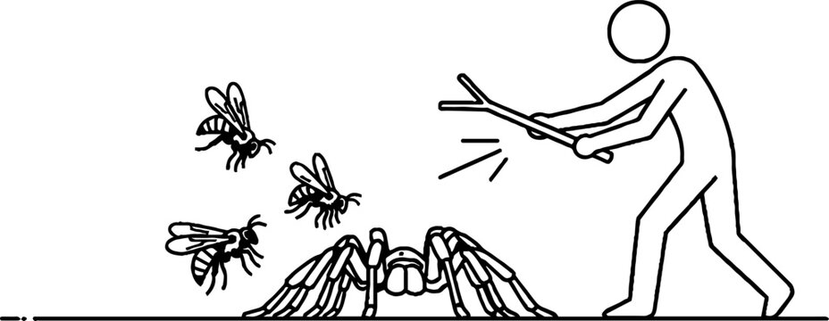 Stick figure defending against spider and stinging bees