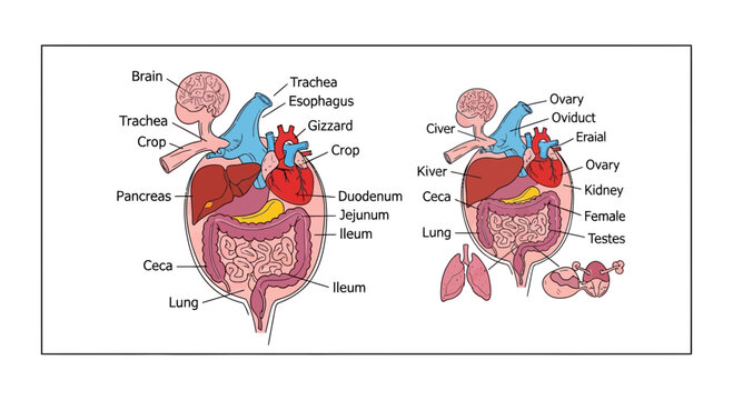 Diagram of Male and Female Chicken Reproductive and Digestive Systems