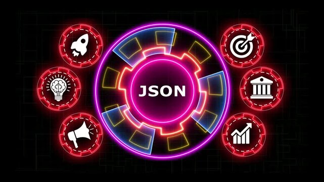 Dynamic business concepts animation with glowing neon circles and icons.