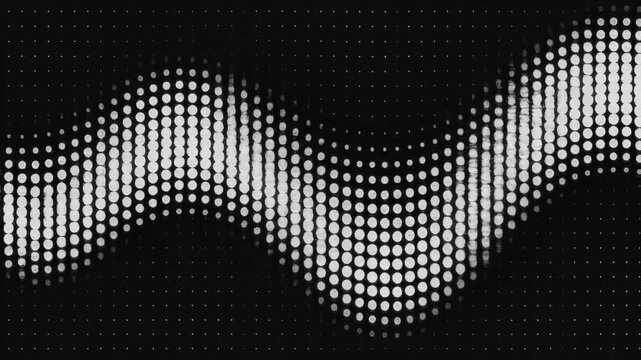 Dynamic LED Grid Background featuring a monochrome pattern of white circular lights with a digital wave distortion on a black background, ideal for tech presentations or modern motion graphics.