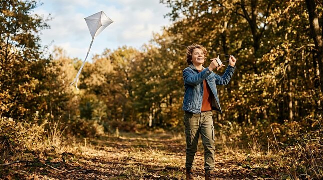 A young boy joyfully flying a kite in a sun-dappled autumn forest, enjoying outdoor leisure activities