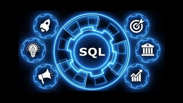 Digital sql database concept animation with neon glowing rotating gear elements.