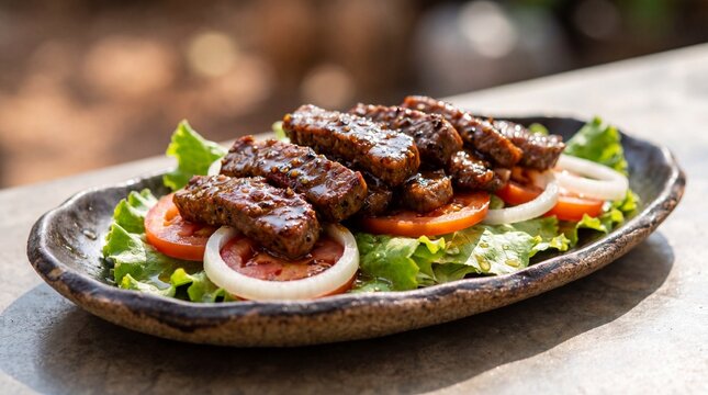 Close-up shot of traditional Cambodian Beef Lok Lak pepper beef strips with fresh lettuce and onion slices on a ceramic platter.
