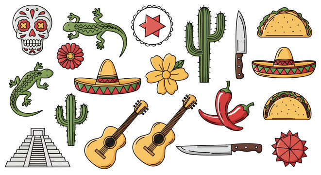 Vibrant collage of Mexican cultural symbols including sombrero, cactus, guitars, maracas, and peppers.