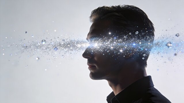 Man profile with galaxy and stars in head, cosmic mind concept, imagination and creativity, futuristic technology, abstract space background, mental health awareness, brain power