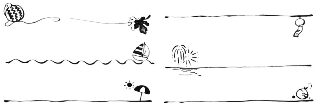 じんわりしたマーカーで描いたライン夏モチーフセットモノクロ
