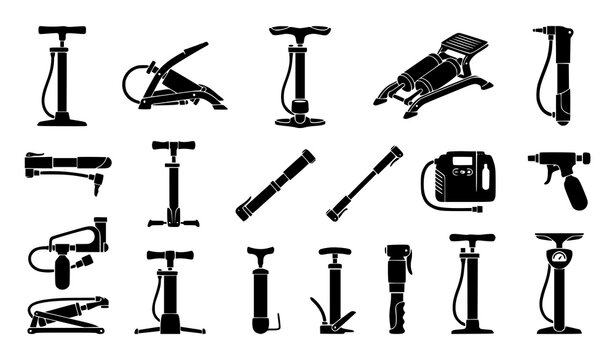Black Bicycle Air Pump Icon Collection with Tire Inflation and Repair Equipment Symbols