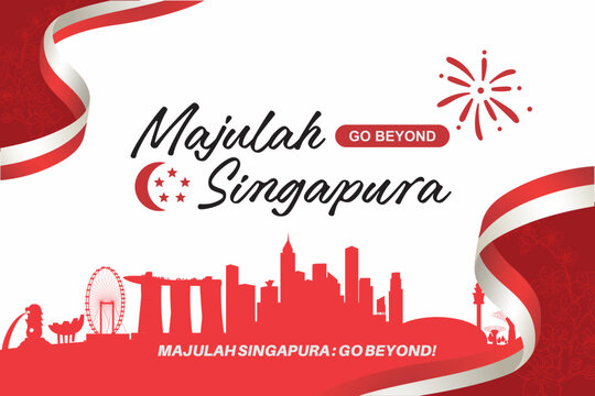 Majulah Singapura : Go Beyond! - 61st Singapore National Day 2026 Theme Vector Illustration with Flag Ribbon, Iconic Skyline and Fireworks. Best for NDP Design and Social Media Poster