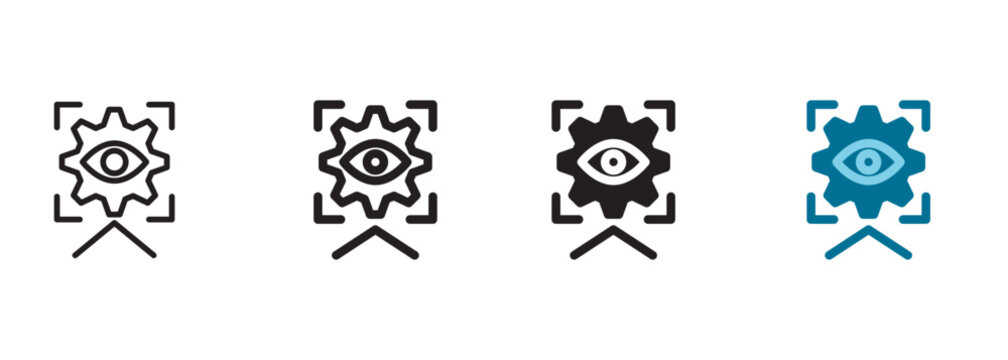 Vision system icon with scanning eye inside gear viewfinder representing smart factory optical quality control, digital manufacturing machine observation, internet of things automation technology.