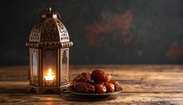 Ramadan concept. Stillife with a Ramadan Lantern and plate with dates. Wooden table. Blurred dark textured wall background. Plase for text on the right.