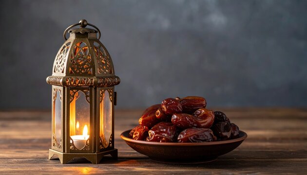 Ramadan concept. Stillife with a Ramadan Lantern and plate with dates. Wooden table. Blurred dark textured wall background. Plase for text on the right.