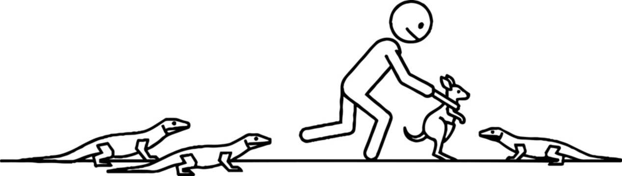 Person rescuing a baby kangaroo from hungry lizards