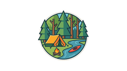 Obraz premium Camping Adventure: Tent, Kayak, Campfire in Forest Landscape