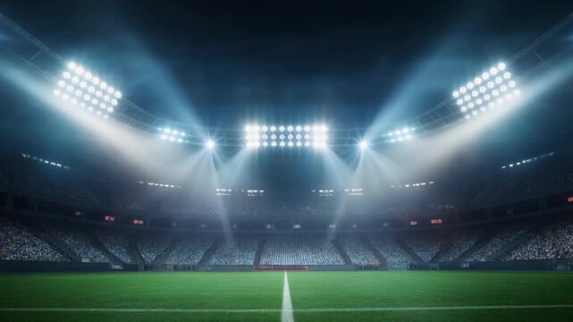 empty soccer stadium with green field and bright lights