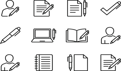 Copywriting and document editing icon set featuring pen notebook laptop and author writing symbols in line style © Rakib