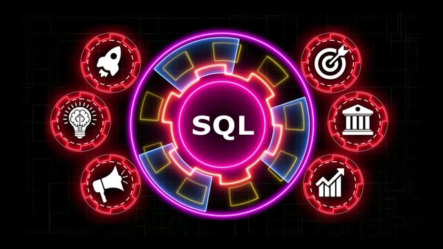 Neon glowing sql logo animation with digital marketing symbols and tech icons.