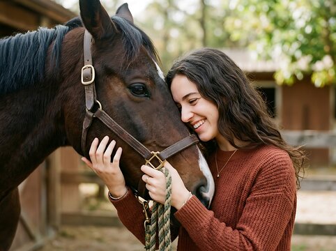 A young woman lovingly embraces a beautiful brown horse, sharing a tender moment of connection and friendship at a rural stable on a sunny day