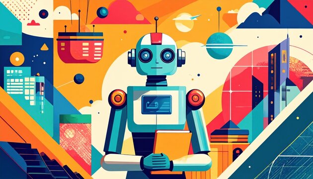 Retro-futuristic collage poster featuring an AI robot symbolizing online education and digital learning.