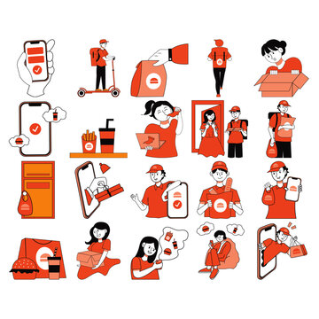 Modern online food delivery collection and digital restaurant service character illustration set. Clean line art vector graphics for food ordering marketplace branding and mobile delivery application.
