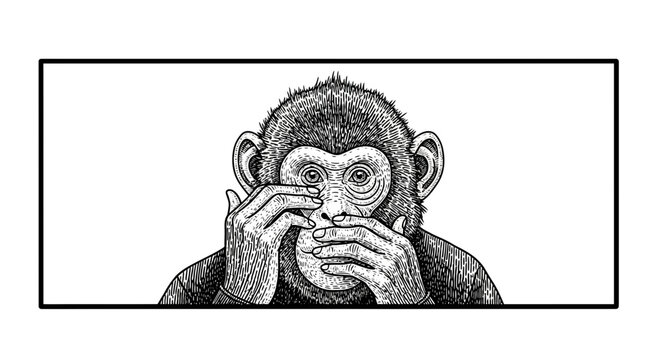 Chimpanzee Covering Eyes and Mouth, Three Wise Monkeys Concept, Black and White Illustration