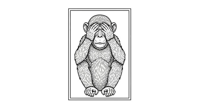 Chimpanzee Covering Eyes, See No Evil Monkey, Black and White Illustration