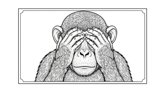 Chimpanzee Covering Eyes, See No Evil Monkey, Illustration
