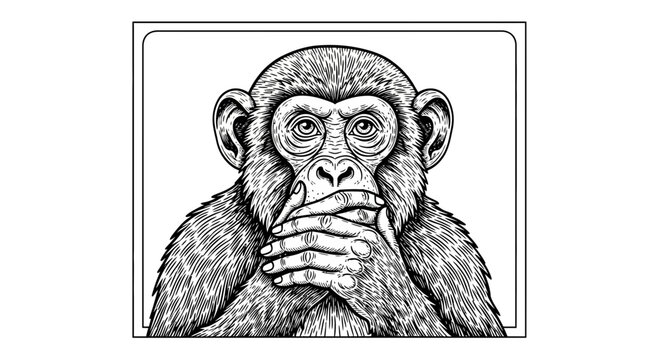 Chimpanzee Covering Mouth, Illustration of Three Wise Monkeys Concept