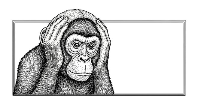Chimpanzee holding head in hands, looking distressed, in a frame with copy space