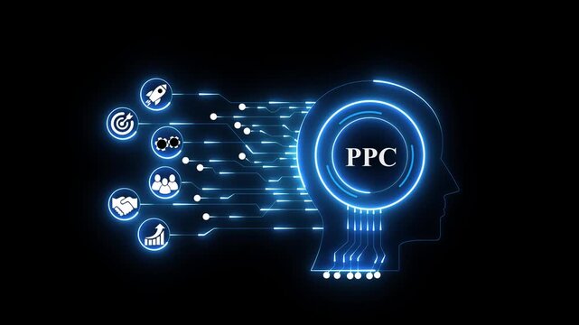 Glowing Hexagonal Representing Pay Per Click Digital Marketing Concepts with Blue Neon Lighting PPC advertising . 4k motion Technology.4k animation video.