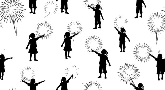 Silhouette Figures Celebrating With Fireworks Display Patterns.