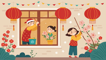 Fototapeta premium Two children decorating a house for a festive holiday with lanterns and flowers on a colorful background with a window