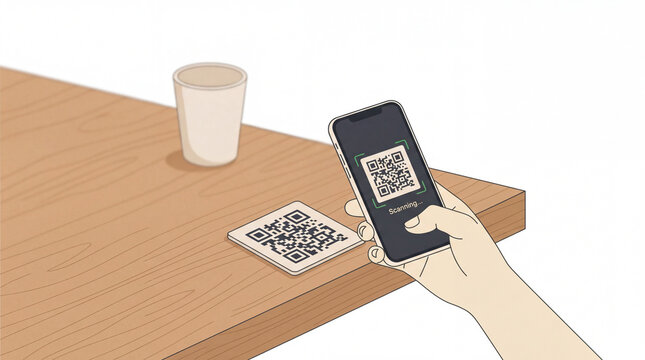Vector illustration of a hand holding a smartphone scanning a QR code on a wooden table at a cafe