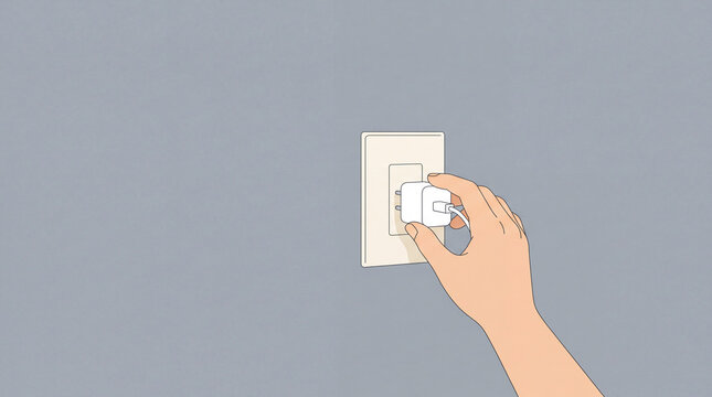 Vector illustration of a human hand plugging a white phone charger adapter into a wall electrical outlet