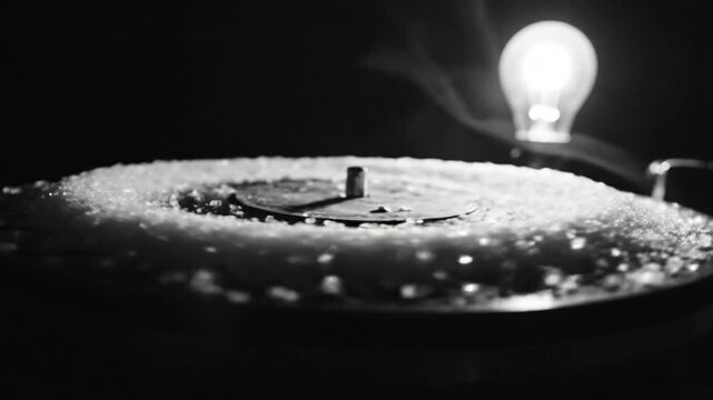 Black and white close up of a record player with a lit bulb in the background, steam rising.