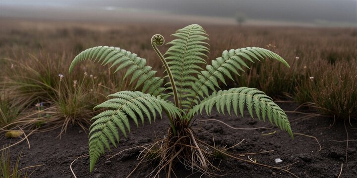 A silver fern unfurls its delicate fronds amidst dark volcanic soil and sparse dry grasses on a rugged, windswept hillside under a clear blue sky.