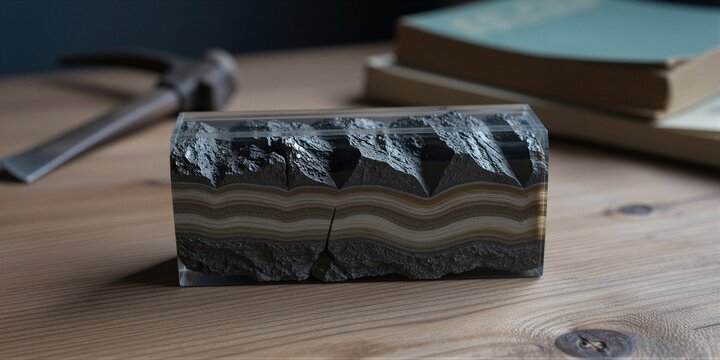 A cross-section of layered sedimentary rock is showcased in a clear acrylic block on a wooden table.