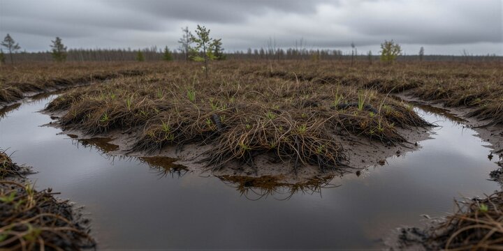 A serene wetland landscape in Brandenburg features waterlogged vegetation and intricate patterns on a dark sediment surface under an overcast sky.