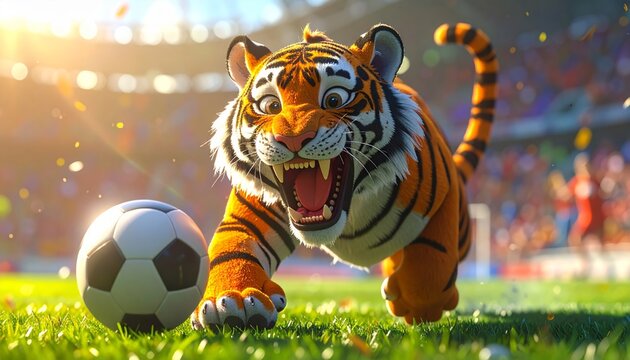 Tiger playing soccer on green field.