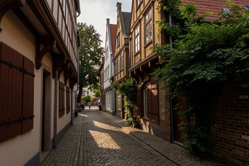 Fototapeta premium A serene cobblestone alleyway in Bremen's Schnoor Quarter, Germany, features historic European architecture with timber-framed and brick facades.