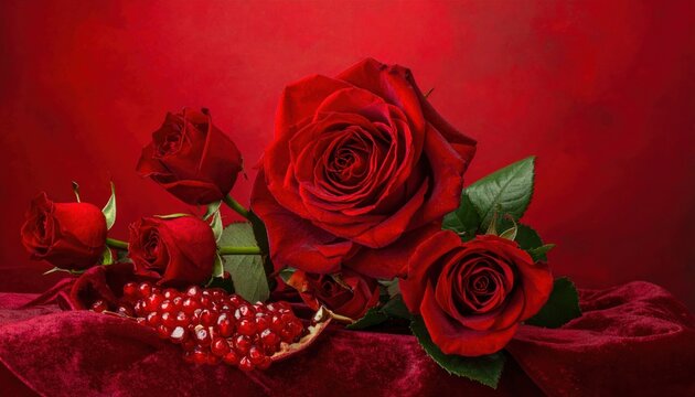 Red rose in romantic background. Bouquet of red roses. Several roses on Granate background.