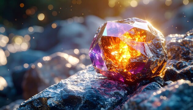 Mystical Gemstone on Rocky Surface with Ethereal Light and Bokeh.